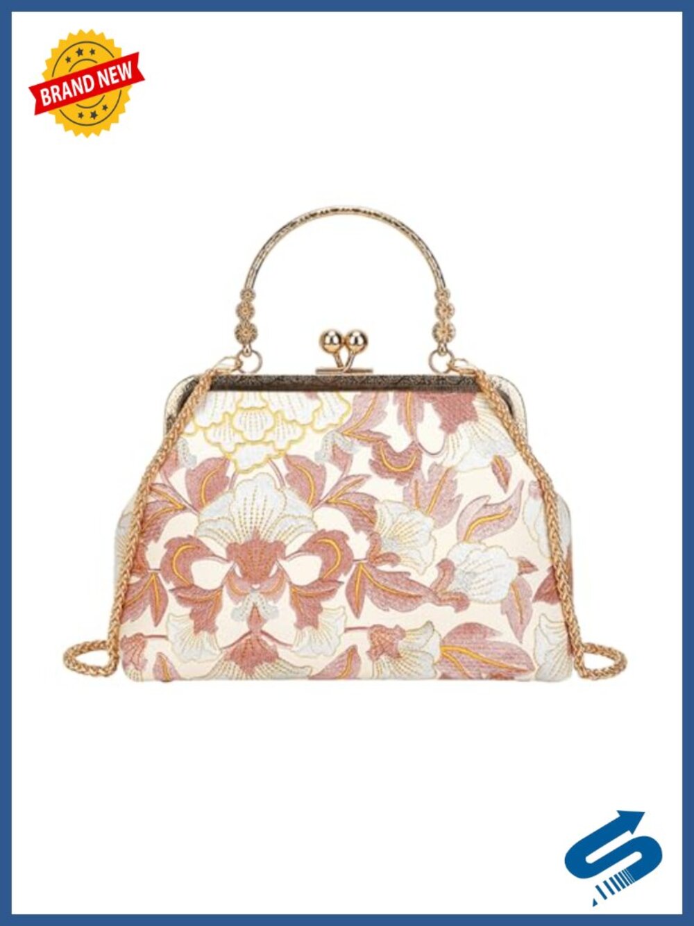 Peony Floral Embroidered Evening Clutch with Top Handle and Chain Strap
